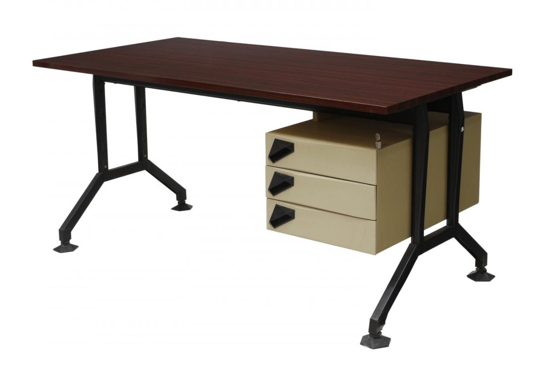 ITALIAN MID-CENTURY BBPR FOR OLIVETTI DESK: Italian mid-century modern writing desk, c. 1960, Studio BBPR design for Olivetti, the floating veneered top, raised on black enameled steel base, three metal drawers to one side, the whole raised on