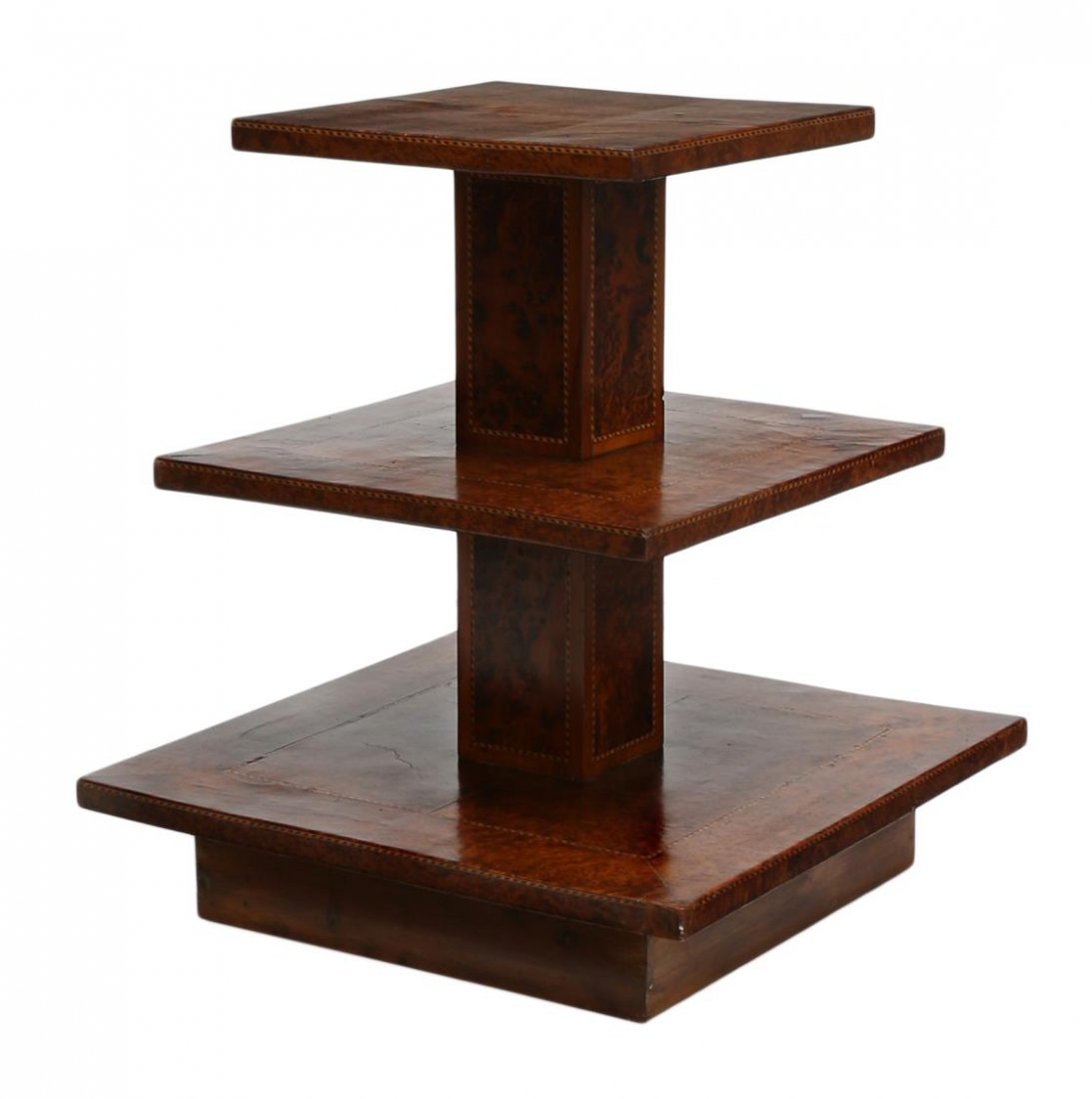 ART DECO STRING INALID BURLWOOD TIERED TABLE: French Art Deco occasional table, string inlay on three burlwood tiers of graduated size, set on a solid base, approx 28"h, 23.75"sq (largest) Start Price: $150.00
