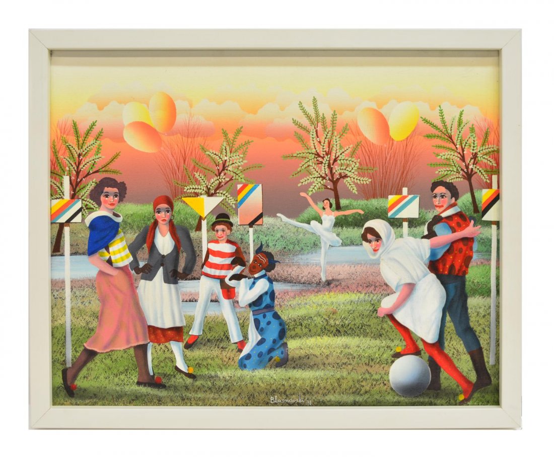 BLASNAVSKI PAINTING, CLOWN CIRCUS AT SUNSET: Framed painting on canvas, Clown Circus at Sunset, signed center Blasnavski (Polish, b. 1920), dated 1978, sight: 15.25"h, 19"w, overall: 17"h, 21"w, 2.75lbs Start Price: $80.00