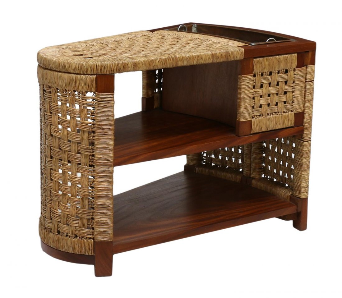 MEXICO MODERNIST TABLE WITH PLANTER: Modernist table with planter, Mexico, late 20th c., the rounded triangle form of wicker and mahogany, one end with a removable copper planter box, two lower tiers, allr rising on block feet, 24.5"h, 2