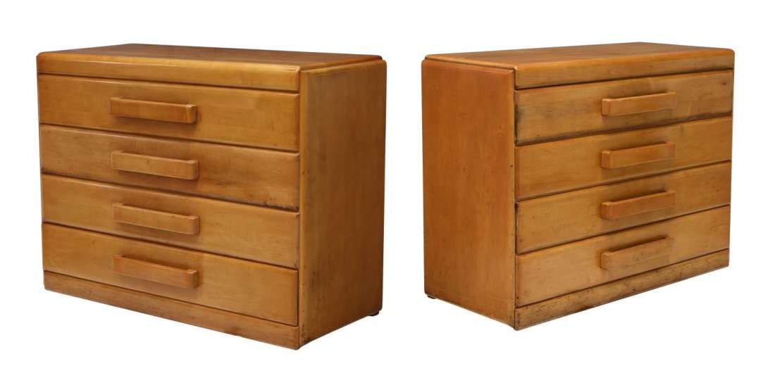 (2) RUSSEL WRIGHT CONANT BALL CHESTS OF DRAWERS: (lot of 2) Chests of drawers, 1950's design by Russel Wright (American, 1904-1976), for Conant Ball Furniture Company, rectangular with four drawers, wood pulls, 34.25"h, 45"w, 18.5"d Start Price: $20