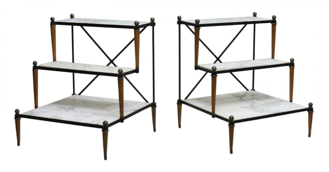 GROSFELD HOUSE MODERN MARBLE & IRON STEP TABLES: (lot of 2) Step side tables by Grosfeld House Furniture Company, three iron framed steps with inset marble raised on tapered turned wood supports with brass ball finials, 31"h, 26.25"w, 26"d Start Pri