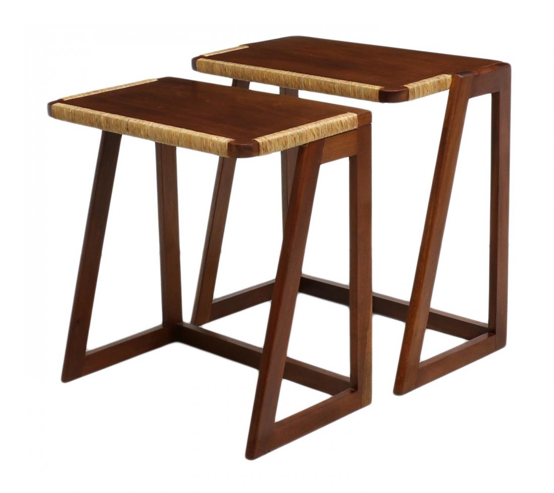 (2) MEXICO MODERNIST NEST OF TABLES: (lot of 2) Mexico modernist nest of tables, each with a shaped rectangular top having wicker accents, stretcher joined straight and angled squared supports, largest: 27.5"h, 27.5"w, 15.75"d Start Pric