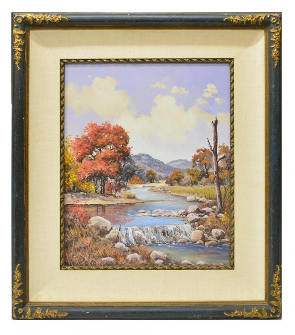 JIM DOOLEY (20TH C), TEXAS RIVER PAINTING: Framed oil painting on canvas, Texas Hill Country River, signed lower right Jim Dooley (James W. Duke, Arkansas, Texas, 20th c.), sight: 19.75"h, 15.5"w, overall: 29.25"h, 25.25"w Start Price: $200.00