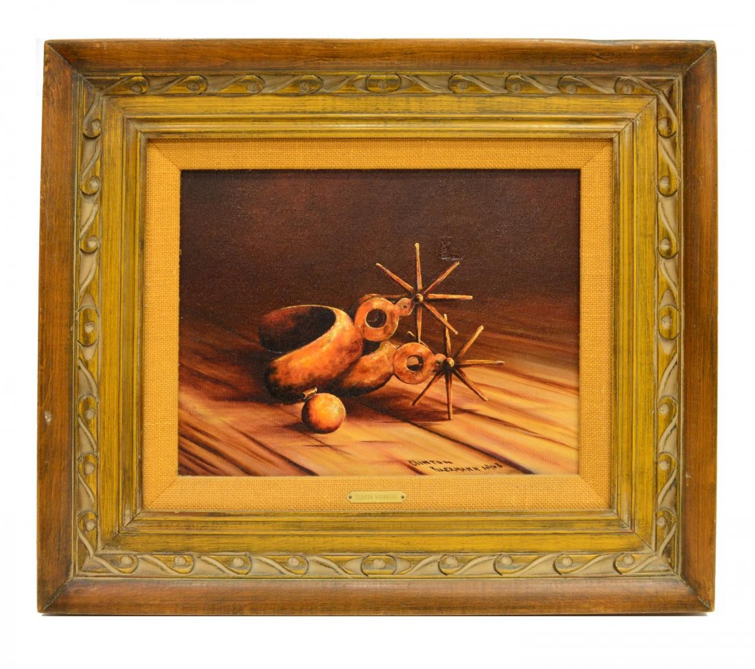 CLINTON BAERMANN (TEXAS), MEXICAN SPURS PAINTING: Framed oil painting on canvas, Mexican Spurs, signed, dated lower right Clinton Baermann, 1972 (Texas, 20th,21st c.), repair at upper right, sight: 10.5"h, 13.5"w, overall: 19.5"h, 22.5"d, 4.25lbs Sta