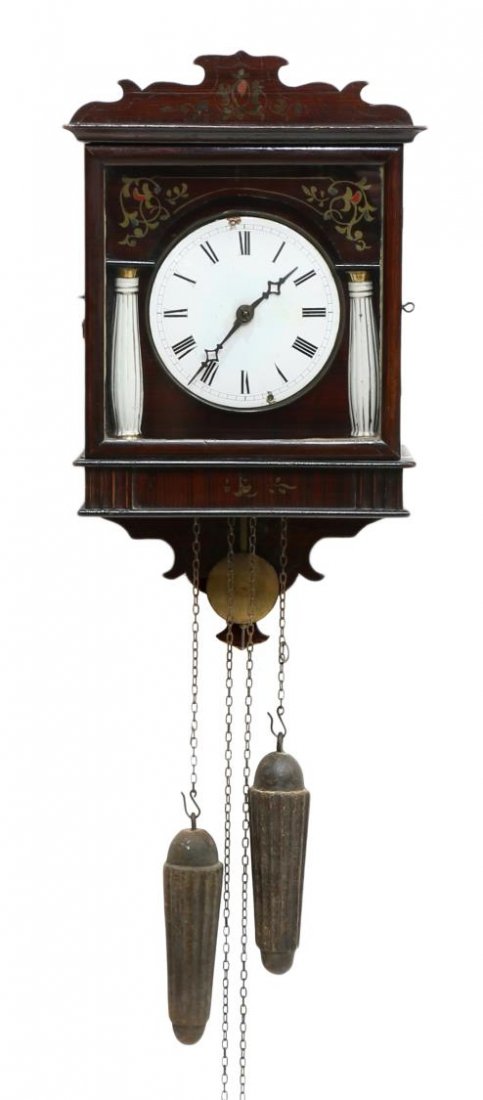 GERMAN MAHOGANY FINISH TWO WEIGHT WALL CLOCK: German mahogany finish wall clock, a white porcelain dial with black Roman numerals flanked by gilt columns, painted flower decor, areas of loss to porcelain dial, accompanied by weights and pendulum,