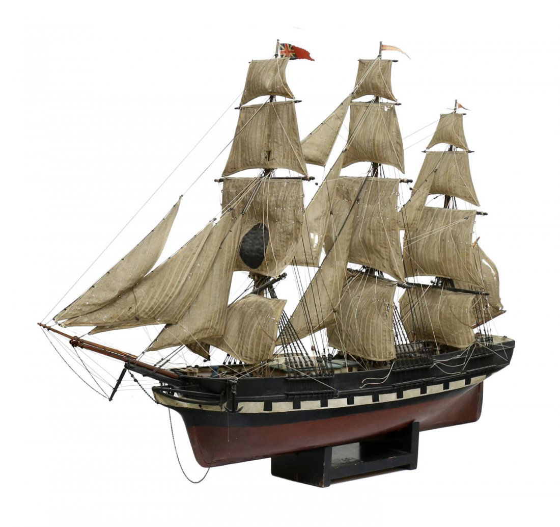 LARGE RIGGED MODEL SHIP, YORKSHIRE: Large wood ship model, the Yorkshire of the Black Ball Line, New York, the original launched in 1843 and lost in 1862, a three mast clipper ship accessorized with life boats, cannon, rigging, sails in