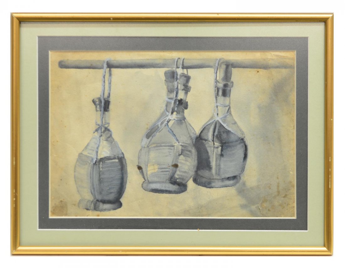 NEWCOMB COLLEGE S. GREGORY BLUE BOTTLE STILL LIFE: Framed still life water color, Hanging Blue Bottles, by Selina Elizabeth Bres Gregory (American, 1870-1953), unsigned, some foxing and tears to paper, approx sight: 9"h, 13"w, overall: 13.25"h, 17.25"