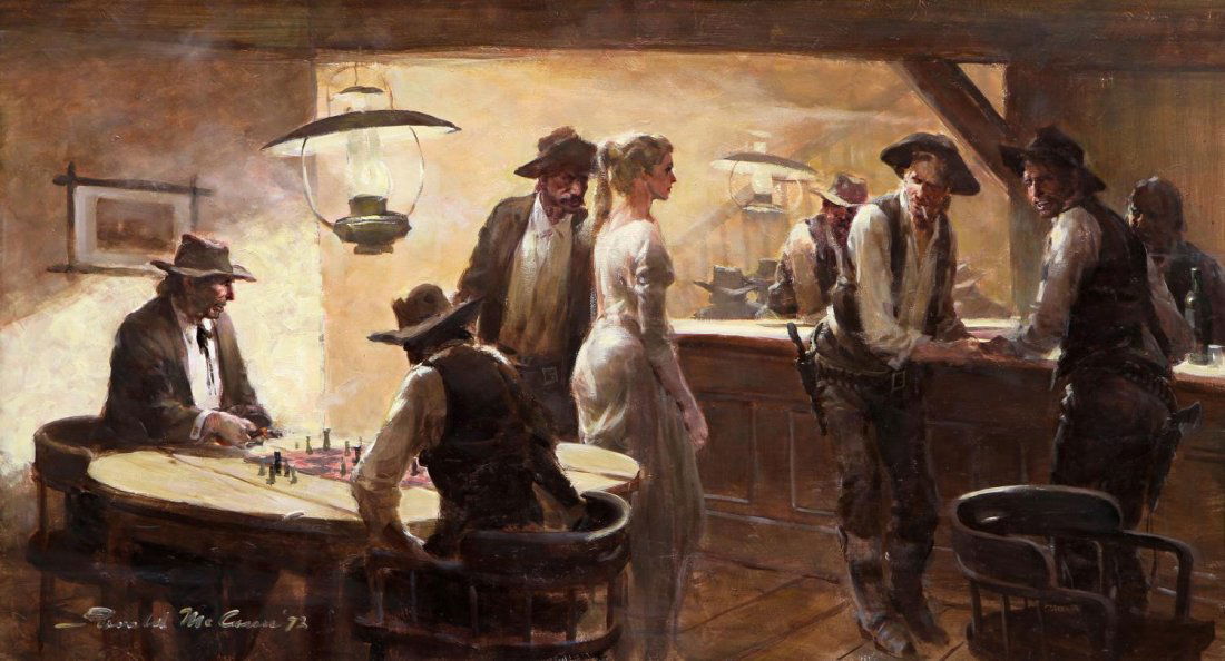 GERALD McCANN (1916-1995) WESTERN ILLUSTRATION: Framed oil painting on masonite, "Check Mate", signed lower right Gerald McCann (New York, 1916-1995), title and Country Store Gallery, Austin tag on verso, sight: 19.5"h, 32.5"w, overall: 35.5"h, 48.