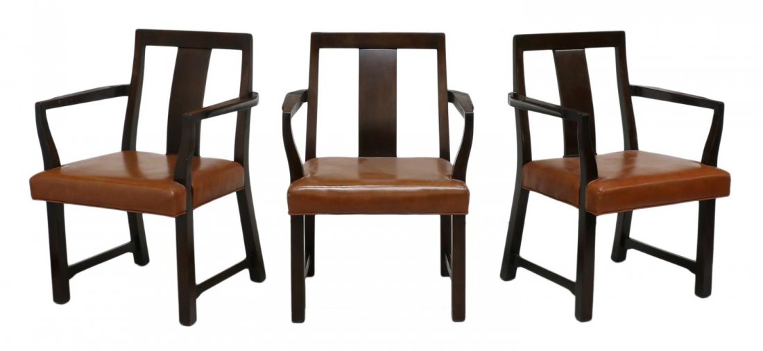 (3) DUNBAR WORMLEY ARM CHAIRS, MODEL 295W: (lot of 3) Dunbar arm chairs, Model # 295W, design by Edward Wormley (American, 1907-1995), a straight crest rail with shaped wide splat flanked by shaped arms, the seat with brown leather upholstery,