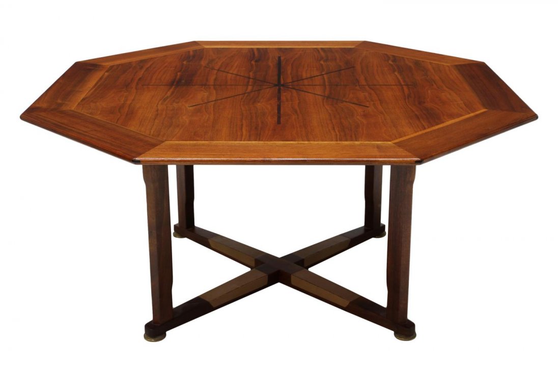 WORMLEY DUNBAR OCTAGONAL GAME TABLE, # 5720: Dunbar Janus Collection table, Model 5730, design by Edward Wormley (American, 1907-1995), an octagonal top, the center with a rosewood inlaid star, rising on stretcher joined shaped legs with circula