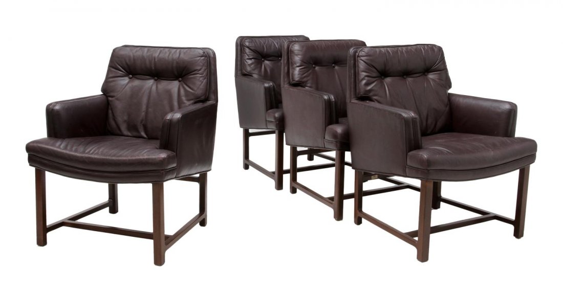 (4) WORMLEY DUNBAR BUTTONED LEATHER CHAIR SET: (lot of 4) Dunbar maroon button back mahogany framed leather chairs, design by Edward Wormley (American, 1907-1995), each with Dunbar 'D' tag at underside, a button back cushion, leather covered arms,