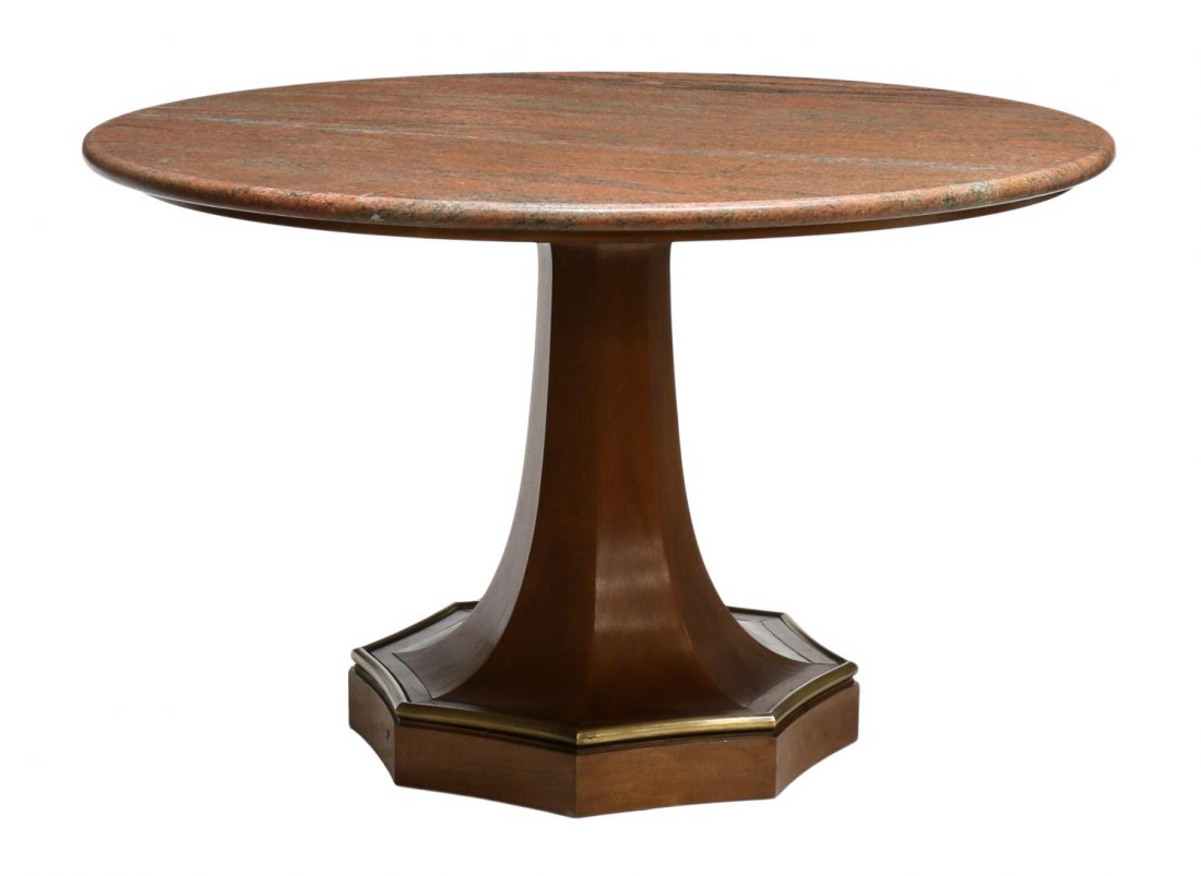 ITALIAN MID-CENTURY MARBLE TOP TABLE, PAOLO BUFFA: Italian mid-century design table, attrib. Paolo Buffa, c. 1950, the circular marble top resting on an octagonal wood base with tubular gilt metal ring, approx 30.5"h, 49"diam Start Price: $1000.00
