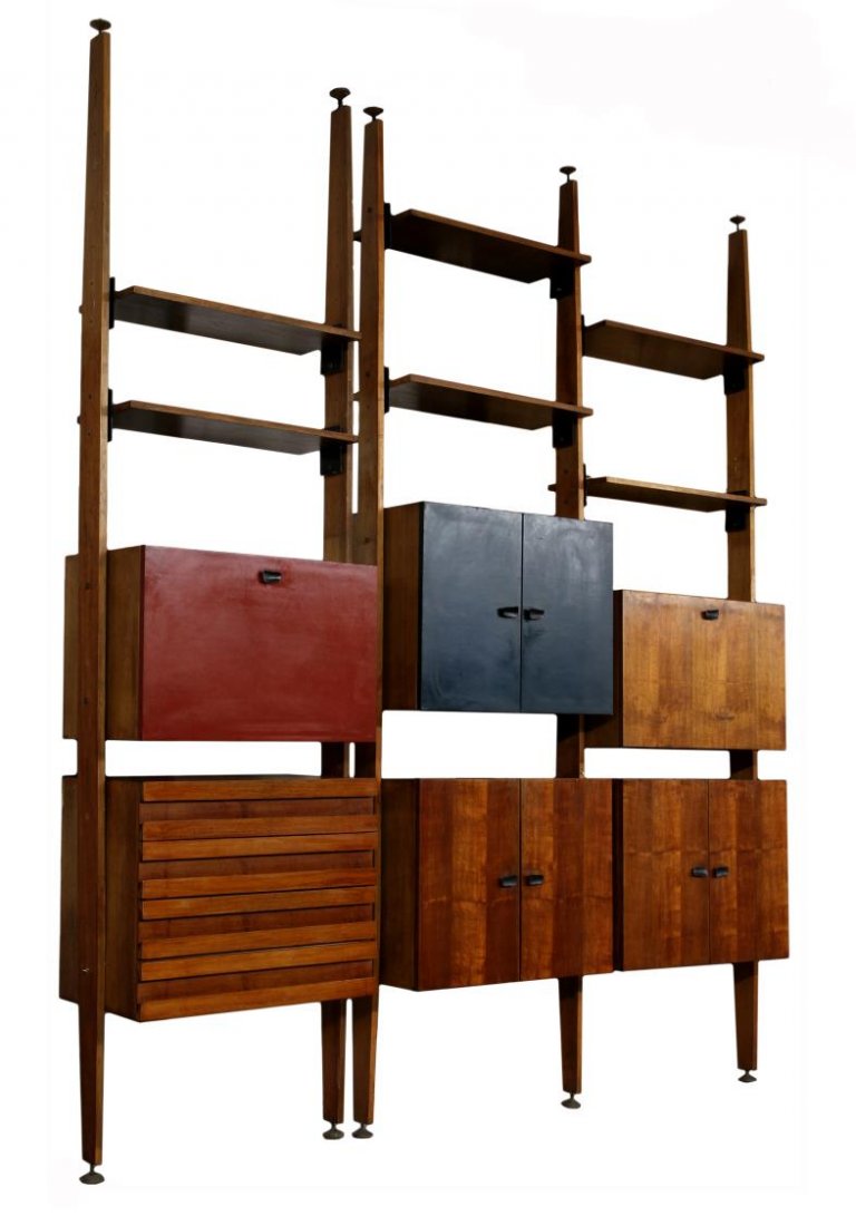 ITALIAN MID-CENTURY MODERN BOOKCASE, FRANCO ALBINI: Italian mid-century modern teakwood three section bookcase, design by Franco Albini (Italy, 1905-1977), sections include cabinets, four door chest, six adjustable height shelves, two cabinets with pai