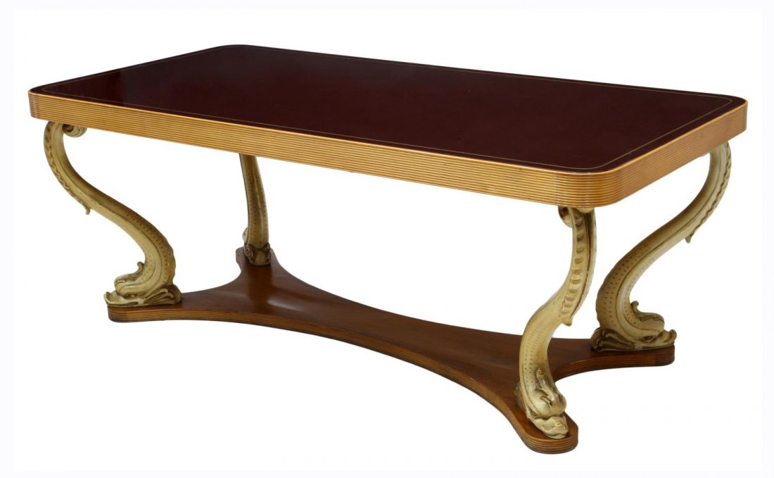 ITALIAN MID-CENTURY MODERN DINING TABLE, V. DASSI: talian mid-century modern table, design attributed to Vittorio Dassi (Milan, 1893-1973), a glass top with maroon color over the grooved frieze, rising on carved dolphin form supports joined by a shape