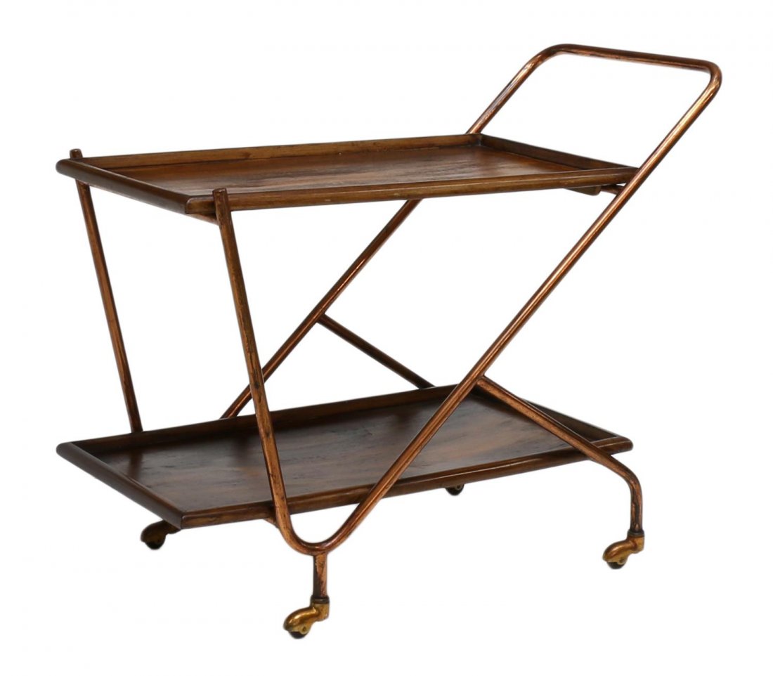 ITALIAN MID-CENTURY MODERN SERVICE TROLLEY: Italian mid-century modern design service cart, a copper finish on the rolling frame, having two wood tray tiers, the upper being removable, some loss to finish, approx 28"h, 33"w, 17.5"d Start Price: