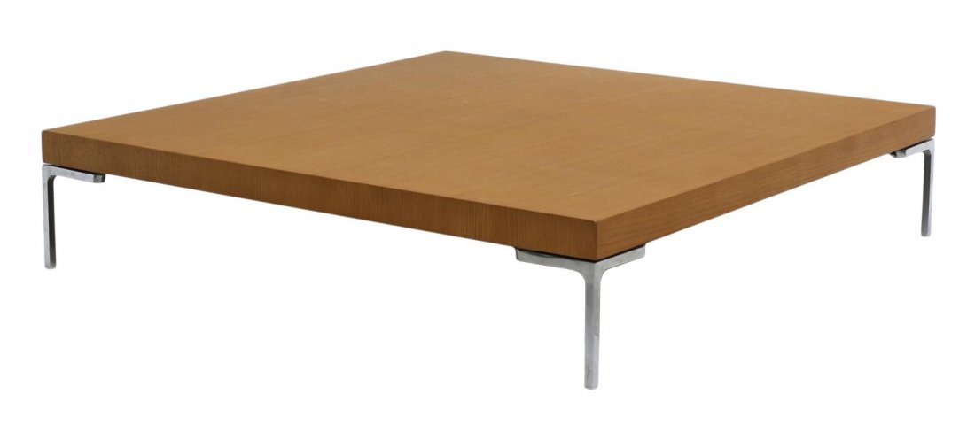 MODERN DESIGN ANTONIO CITTERIO ITALIAN LOW TABLE: Charles low table, 1998 design by Antonio Citterio (Italy b. 1950) for B&B Italia, a square oak veneer top raised on bright aluminum legs, 10"h, 47.25"w, 47.25"d Start Price: $300.00