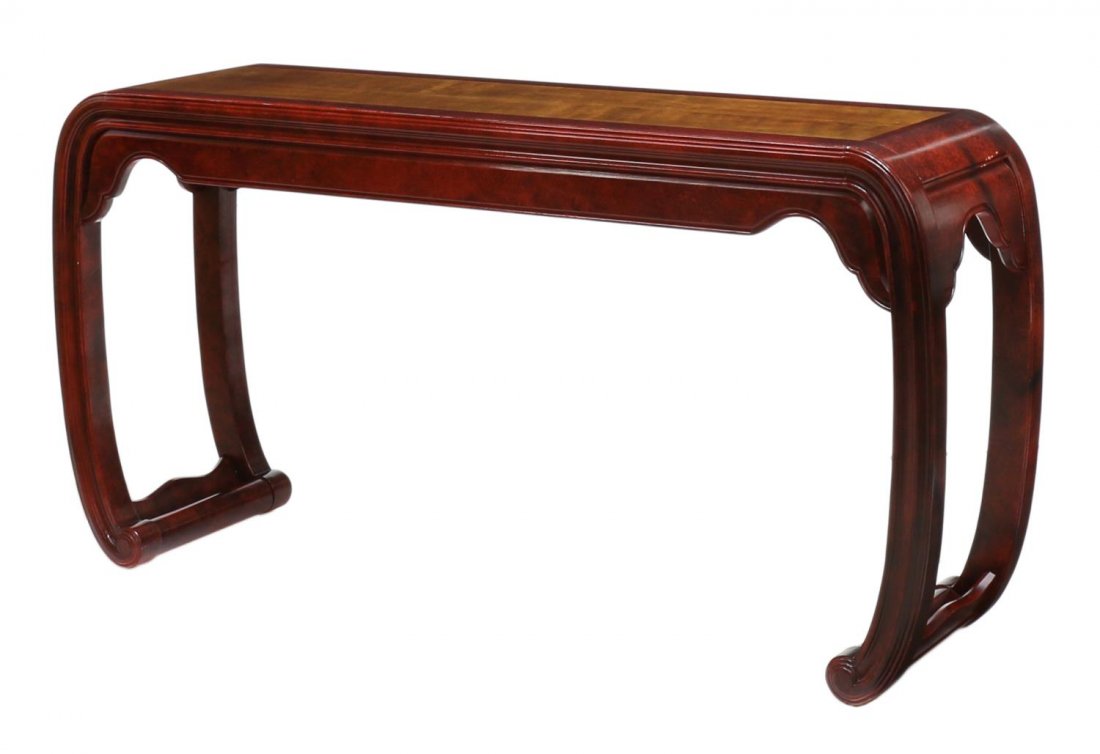 HENREDON ASIAN MODERN CONSOLE OR SOFA TABLE: Henredon Asian modern console or sofa table, 20th c., natural wood center with contrasting burl finish, rising on stretcher joined scroll foot legs, 30"h, 58"w, 16"d Start Price: $200.00