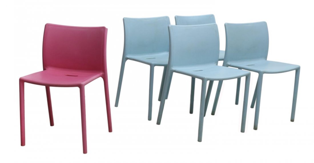 (5) MODERN JASPER MORRISON "AIR CHAIR" FOR MAGIS: (lot of 5) Stacking "Air Chair", design by Jasper Morrison (British, b. 1959), for Magis, Italy, air moulded polypropylene with fiber glass: (4) ice blue; (1) fuchsia, each: 29.5"h, 18.5"w, 19.5"d Sta