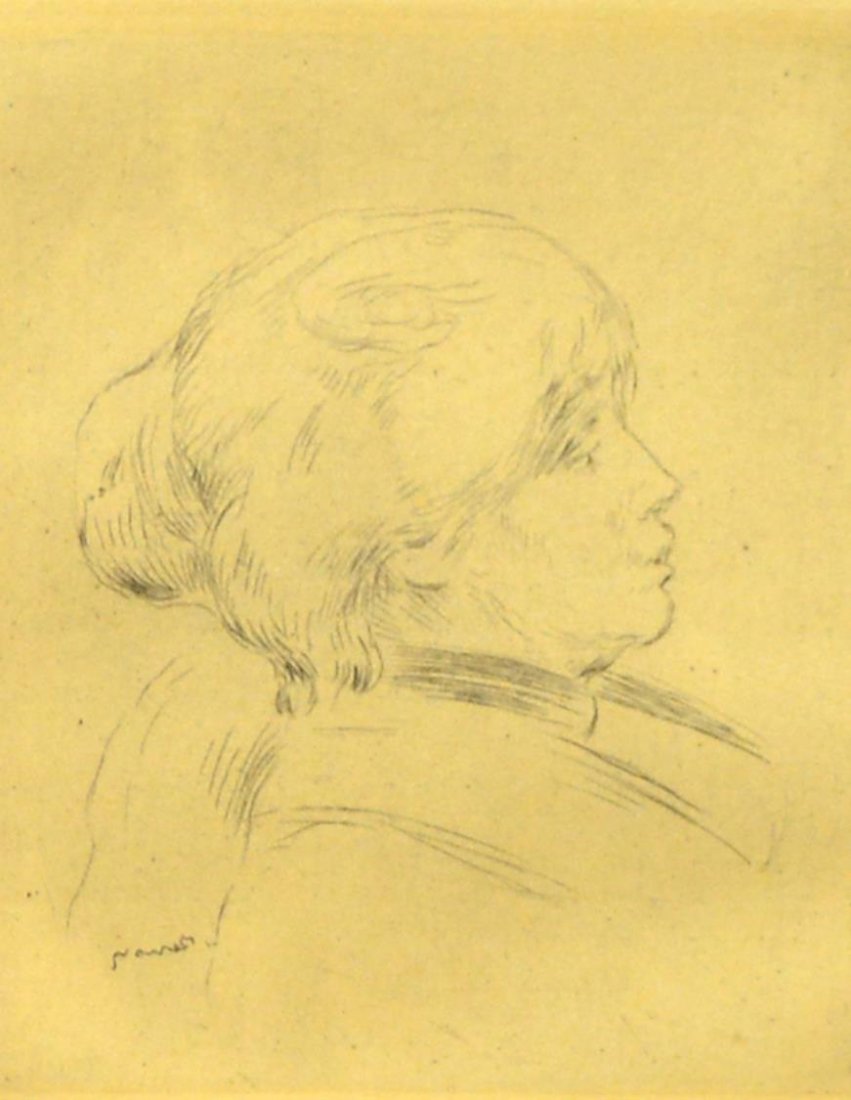 AFTER PIERRE-AUGUSTE RENOIR, PORTRAIT ETCHING: Framed etching, "Portrait of Berthe Morisot" (French, 1841-1895), after Pierre-Auguste Renoir (French, 1841-1919), originally published in the 1924 first edition of Theodore Duret's "Renoir", restrike