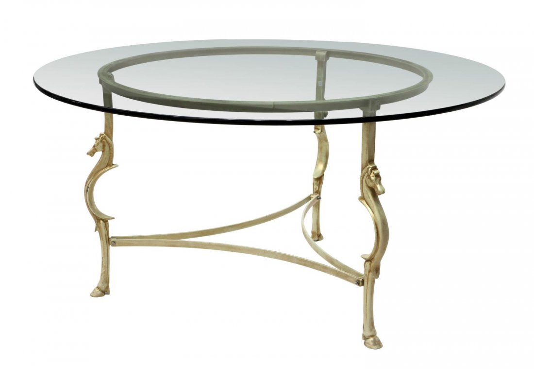 LARGE FRENCH PAINTED METAL & GLASS HORSE TABLE: French table, a large circular glass top, resting on the metal stretcher base in a painted finish, each leg modeled in the form of a horse, ending in a hoofed foot, approx 31"h, 59.5"diam Start Price:
