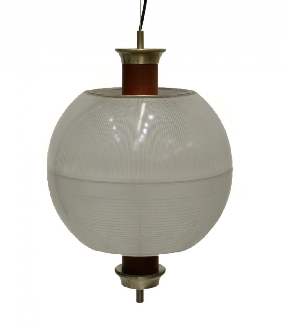 ITALIAN MID-CENTURY MODERN ONE LIGHT CHANDELIER: Italian mid-century modern one- light chandelier, c. 1960/70, design by Sergio Mazza (b. 1931), frosted and lined glass orb form shade enclosing one light, surface wear, in need of wiring, approx 18"h