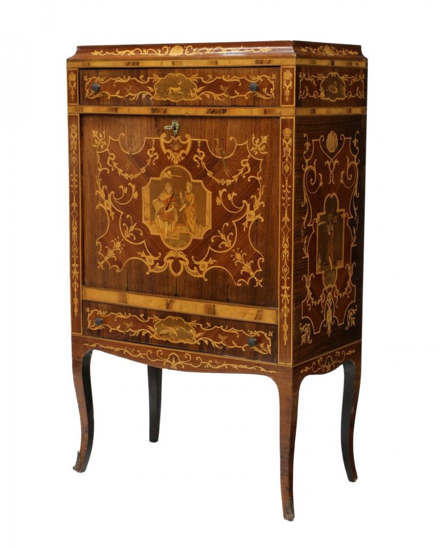 MAGGIOLINI STYLE INLAID MIRRORED BAR CABINET: Italian marquetry inlaid fall front bar cabinet, 20th c, in the manner of Maggiolini (Giuseppe Maggiolini, Milan cabinet maker, 1738-1814), the upright case having contrasting inlays of swag, foliates