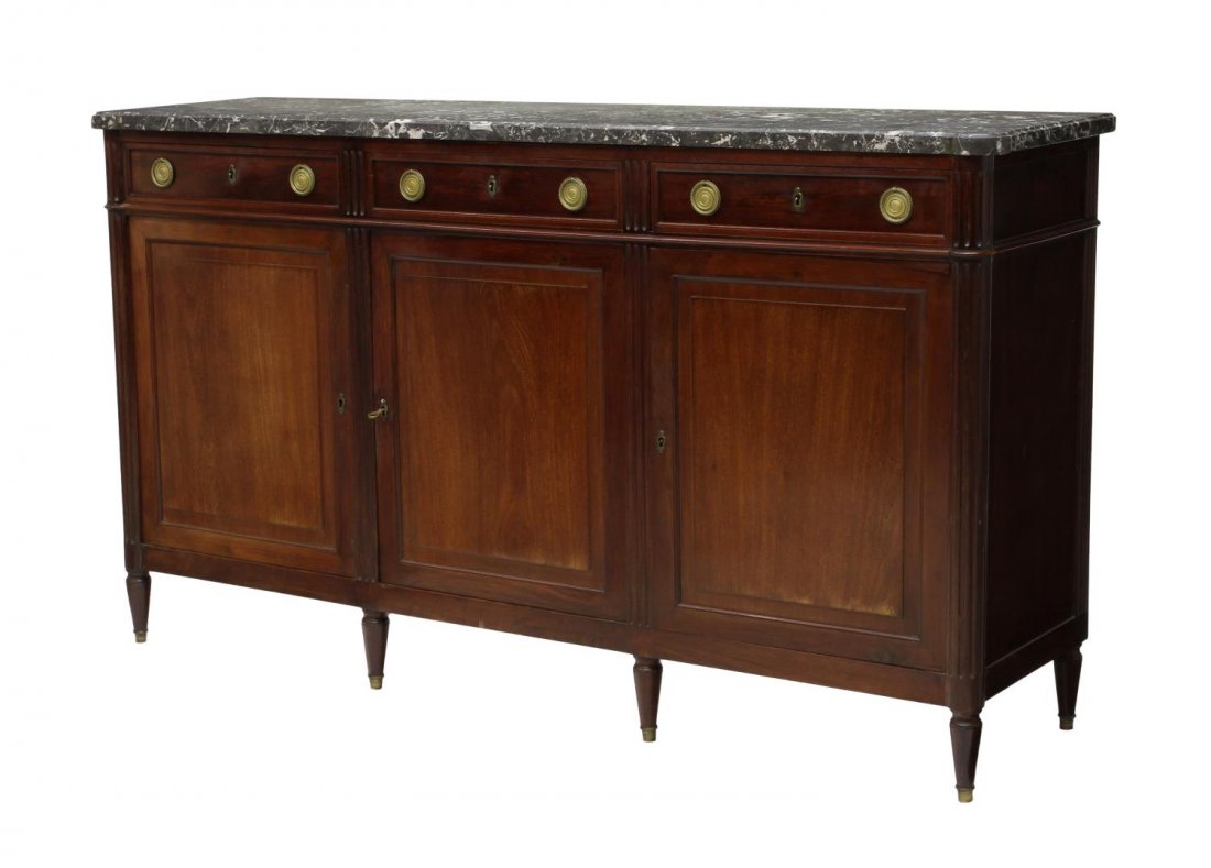 FRENCH LOUIS XVI STYLE MARBLE TOP SIDEBOARD SERVER: French Louis XVI style marble top sideboard, 19th c., the veined marble top having beveled edge, over the rectangular case housing three aligned drawers and cabinet doors, shelved interior, raised on 