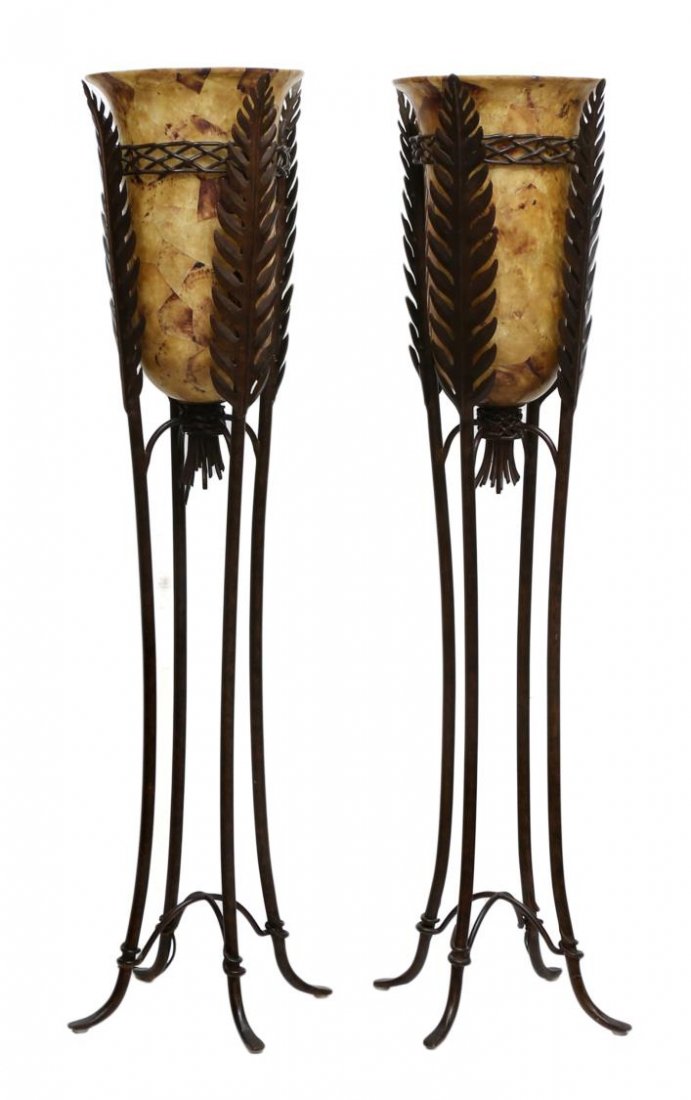 (2) KALCO "NAPLES" TORCHIERE STANDING LAMPS: (pair) Large torchiere lamps, "Naples", by Kalco(attributed), model 5200, foliated iron frame holding a faux shell inverted bell form shade, approx 71"h, 18.75"w, 100lbs total Start Price: $600.00