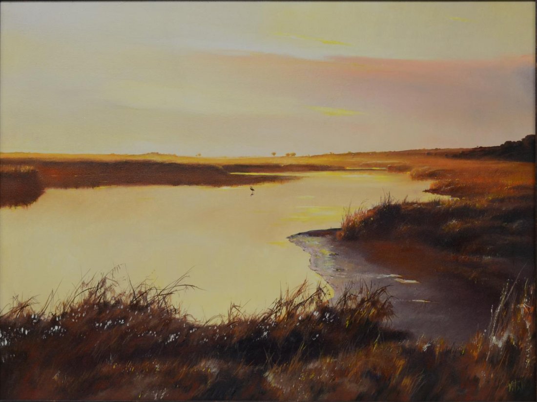 VITALY MIKHAILOV PAINTING, WETLAND SUNSET: Framed painting on canvas, Wetland Sunset, by Vitaly Mikhailov (Russian, b. 1969), attached biography verso, sight: 29.5"h, 39.5"l, overall: 34.75"h, 44.75"l, 4.5lbs Start Price: $250
