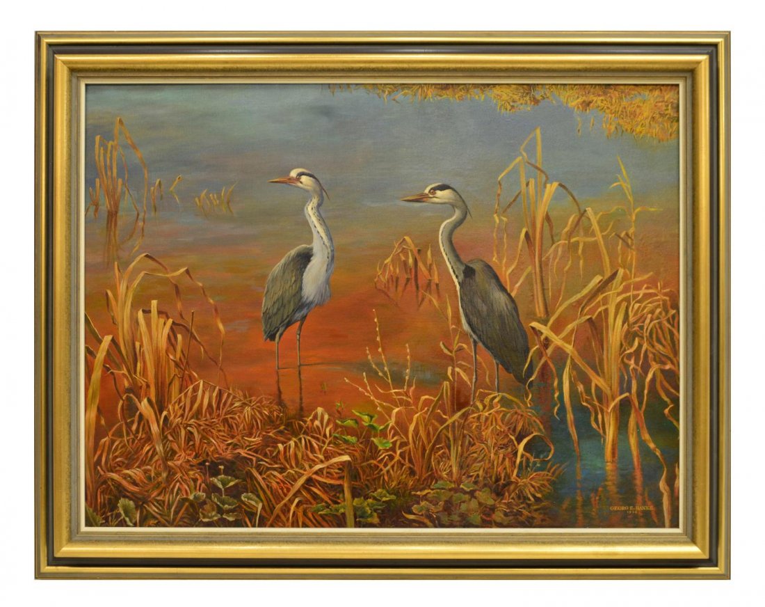 GEORG E. HANKE, HERON AT SUNSET, FRAMED PAINTING: Framed painting on canvas, Heron at Sunset, signed Georg E. Hanke, dated 1952 lower right, sight: 23:gm 31,25"w, overall: 29"h, 37.5"w, 8.25lbs Start Price: $200.00