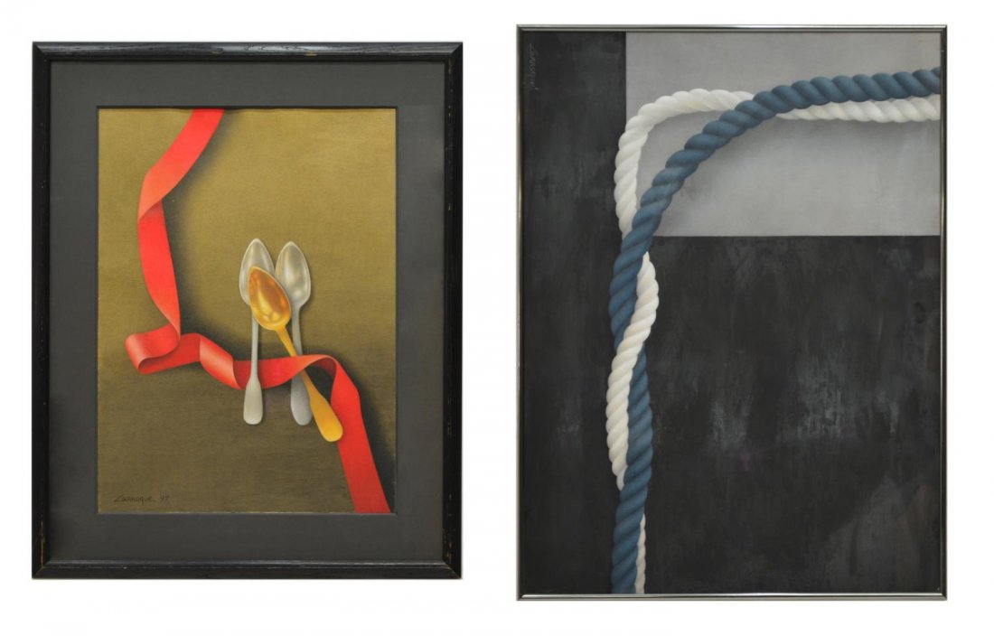 (2) FRAMED FRENCH PASTEL DRAWINGS: (lot of 2) Framed French pastel drawings, each signed Larroque on lower left, comprising: (1) Spoons and a Red Ribbon, dated 97 next to signature, approx sight: ; (1) Blue and White Rope, approx sight