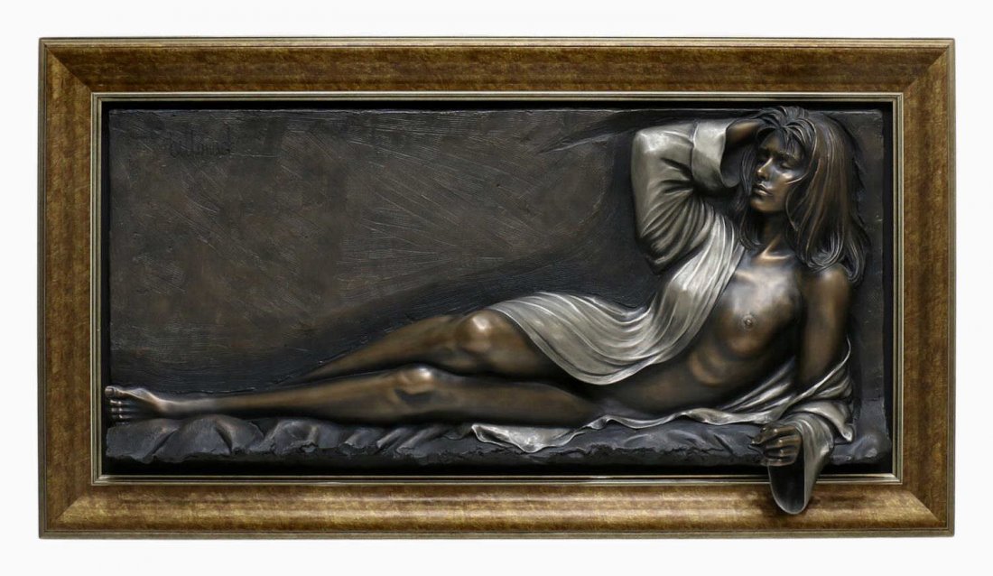 BILL MACK, DRAPED NUDE "GLAMOUR", FRAMED: Framed mixed media relief wall sculpture, "Glamour", a semi-nude draped beauty, by Bill Mack (American, b. 1949), overall: 38"h, 70"l Start Price: $1500.00