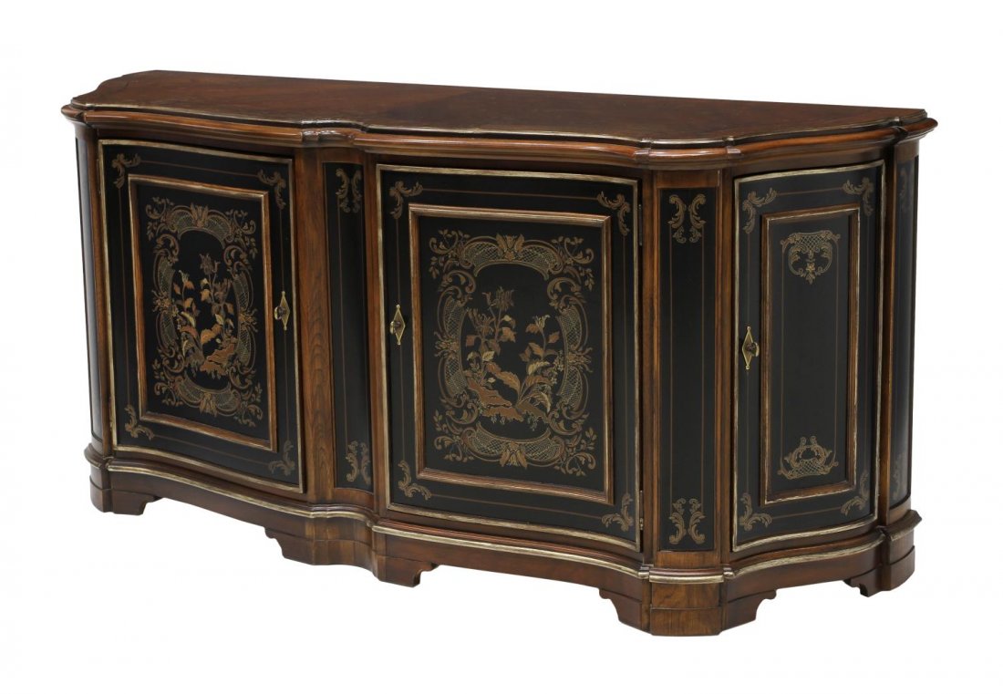 DREXEL HAMPSHIRE FITTED SIDEBOARD: Hampshire Collection sideboard by Drexel Heritage, the shaped natural walnut finish top over two ebonized faced doors with foliate decoration and opening to shelves and two silver drawers, all set on 