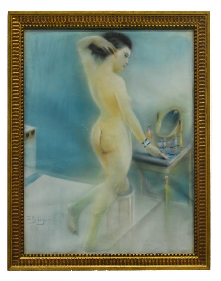 S. SEEBERGER FRAMED FRENCH PASTEL DRAWING: Framed French nude pastel drawing, Nude Standing in Front of Vanity Table, signed at lower left S Seeberger (Samuel Seeberger, active 1875-1897), approx sight: 24.5"h, 18.25"w overall: 28"h, 22"w, 6.7