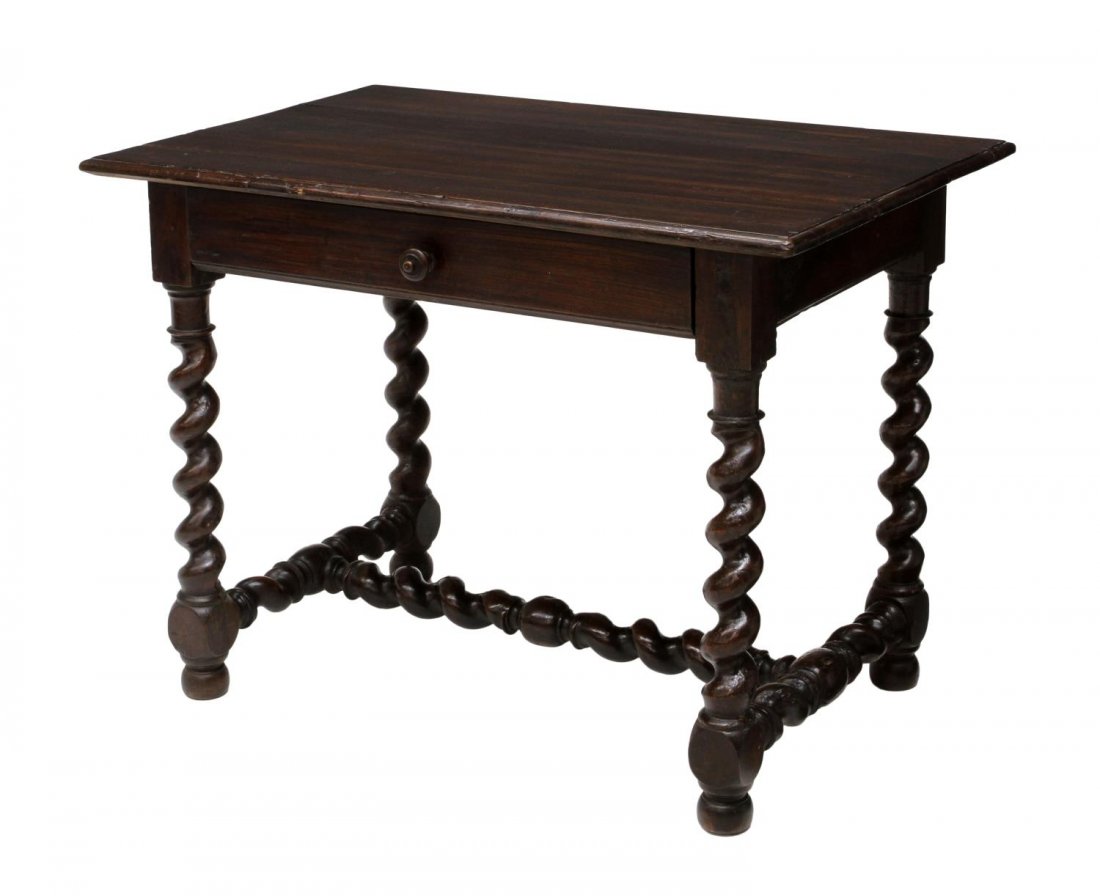 ANTIQUE HENRY II STYLE TWIST BASE WRITING TABLE: French Henry II style writing table, 19th c., the rectangular top over a single frieze drawer, raised on a twist stretcher base, on round feet, some old worm wood holes, approx 29"h, 38.75"w, 24.5"d,