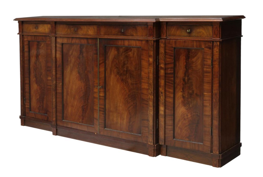 ANTIQUE ENGLISH STRING INLAID SIDEBOARD SERVER: English mahogany sideboard, 19th c., the string inlaid case fitted with four drawers above flame mahogany paneled doors, on a conforming base, approx 43"h, 88"l, 14.5"w Start Price: $500.00