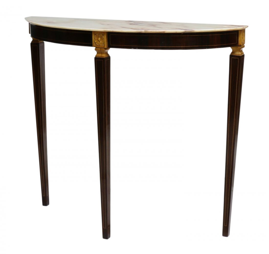 ITALIAN DESIGN MARBLE TOP ROSEWOOD CONSOLE TABLE: Italian design rosewood console table, c. 1960, shaped marble top on a string inlaid base with contrasting carved floral heads, raised on tapered legs, approx 35"h, 40.5"w, 12.25"d Start Price: $200.0