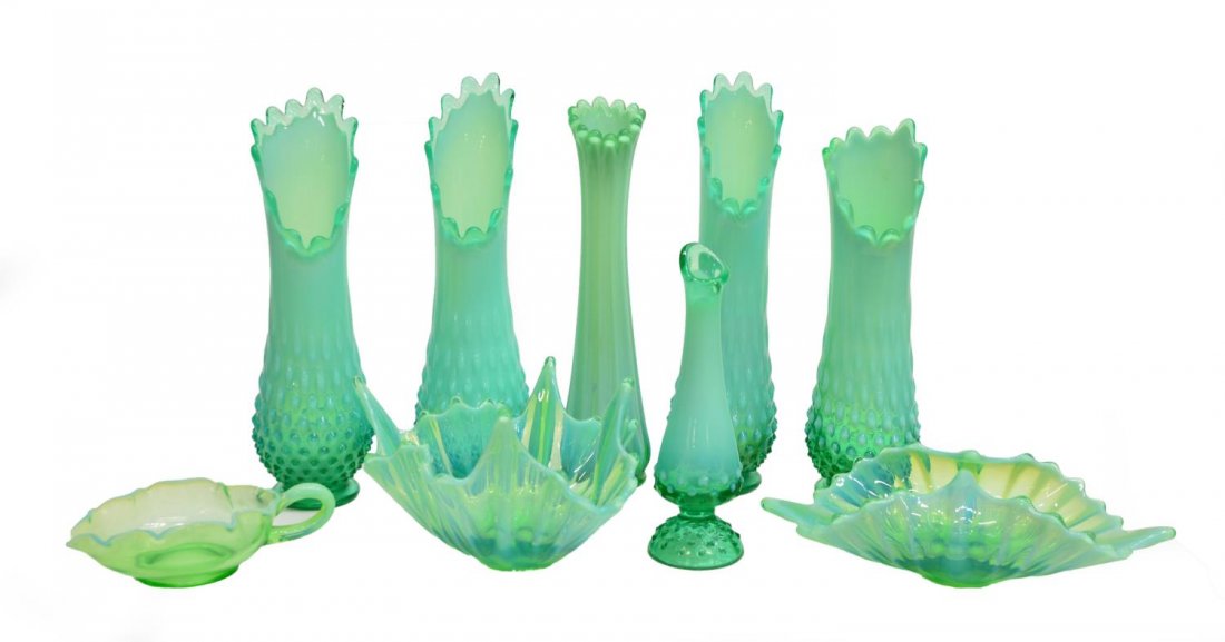 (9) VINTAGE GREEN & URANIUM OPALESCENT ART GLASS: (lot of 9) Vintage green opalescent art glass, some likely Fenton, including: (4) vases, all with hobnail base on pedestal foot, varied sizes, all fluorescing under blacklight, (1) fluorescing under b