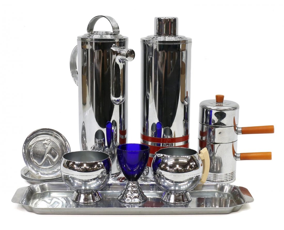 (13) ART DECO CHROMED DRINKWARE & TABLEWARE: (lot of 13) Art deco chromed drink articles, comprising: (6) Chase coasters, monkey in relief to well, 3.75"diam; (2) Chase sugar pot and creamer, 1938, in the 'Kent' pattern, model 17084, design by W
