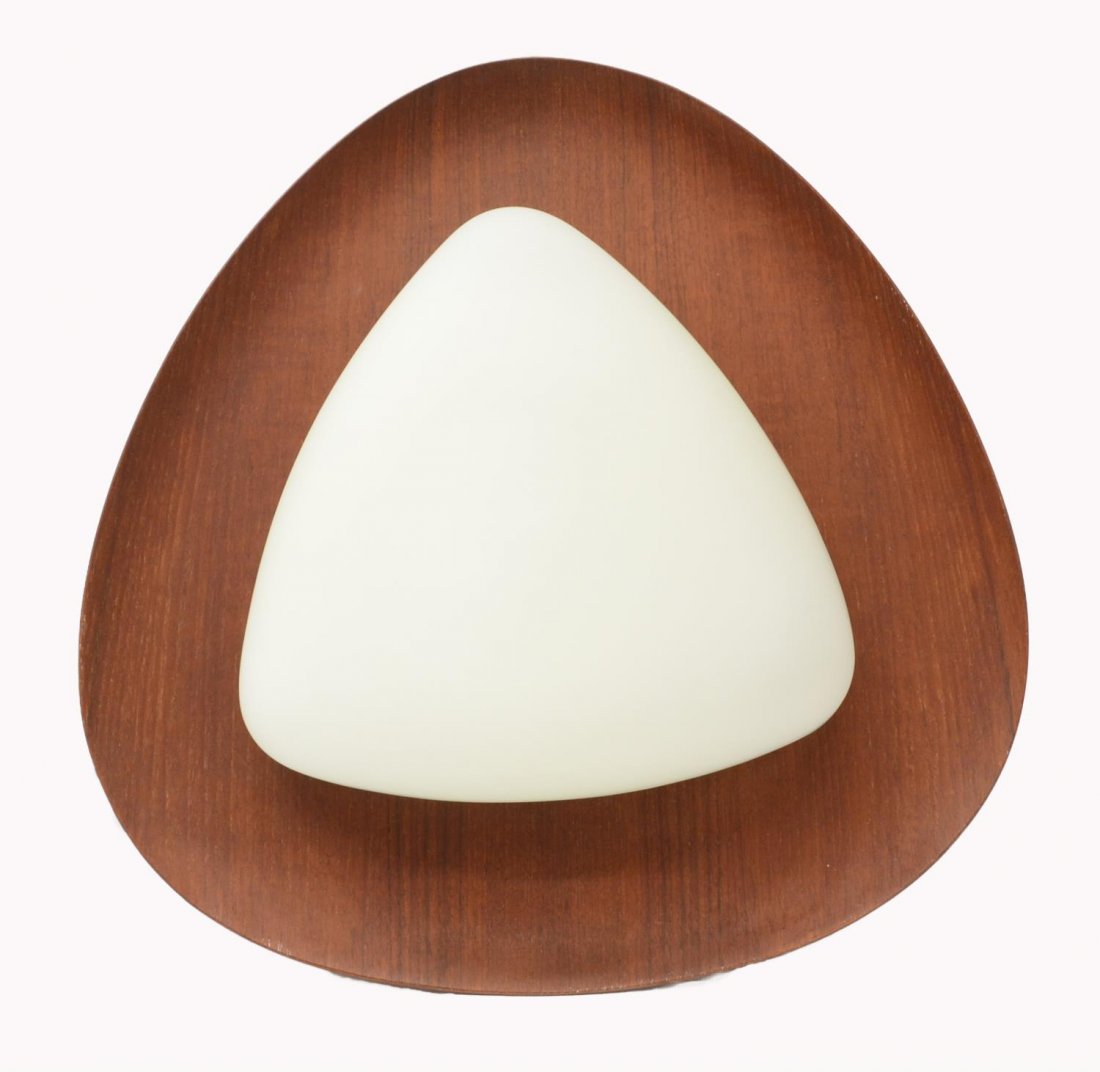 MID-CENTURY MODERN CEILING LIGHT, FRATTINI: Mid-century modern ceiling light, c. 1960, design by Gianfranco Frattini (Italian, 1926-2004), bent teakwood base with white glass cover, single socket, in need of wiring, approx 4"h, 16"l, 3.75lbs St