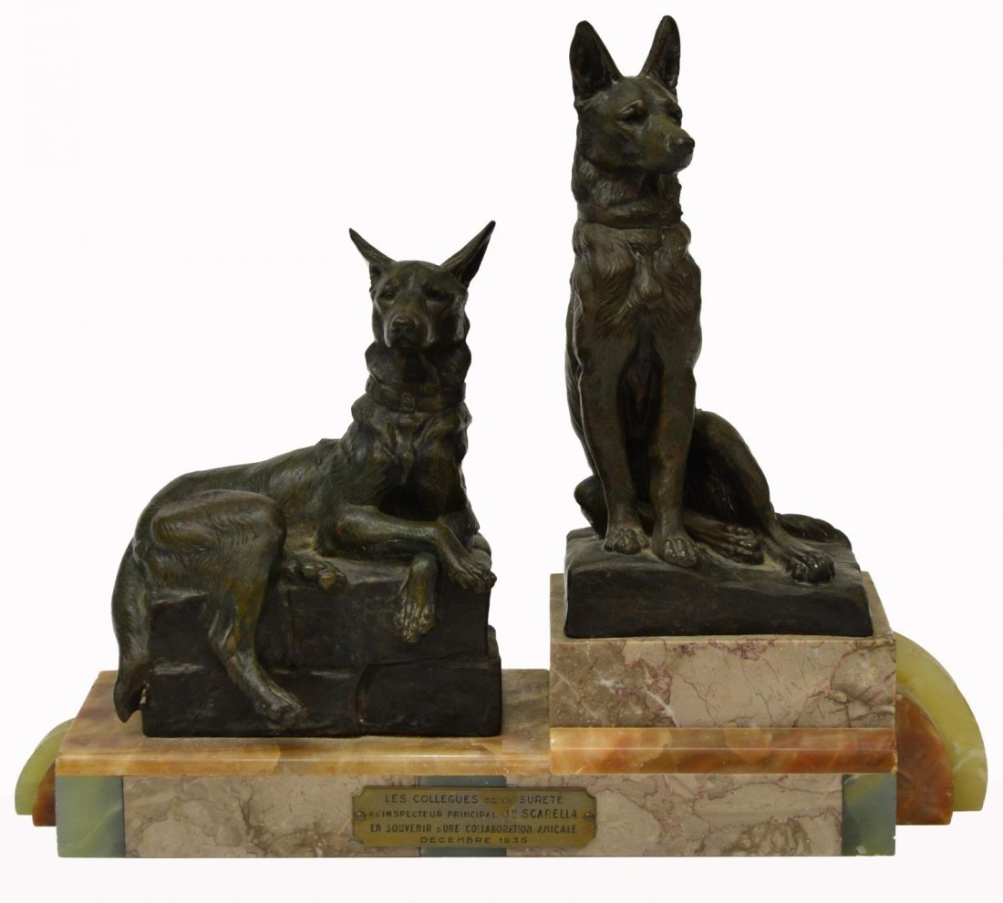 ART DECO FIGURAL SCULPTURE, GERMAN SHEPHERDS: French Art Deco spelter sculpture, signed Fior, modeled as two German Shepherds, variegated marble and onyx base, plaque on front dedicated to J.H. Scarella, Dec. 1935, 11.75"h, 14"l, 4.5"w, 12.25lbs 