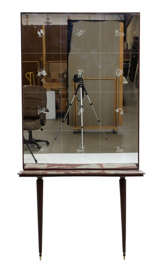 ITALIAN MARBLE TOP CONSOLE TABLE & ZODIAC MIRROR: Italian console table and mirror, 1940's, the framed mirror with twelve reverse etched panels depicting the Zodiac signs, raised on a mahogany finish inset marble top wall console table on tapered rib
