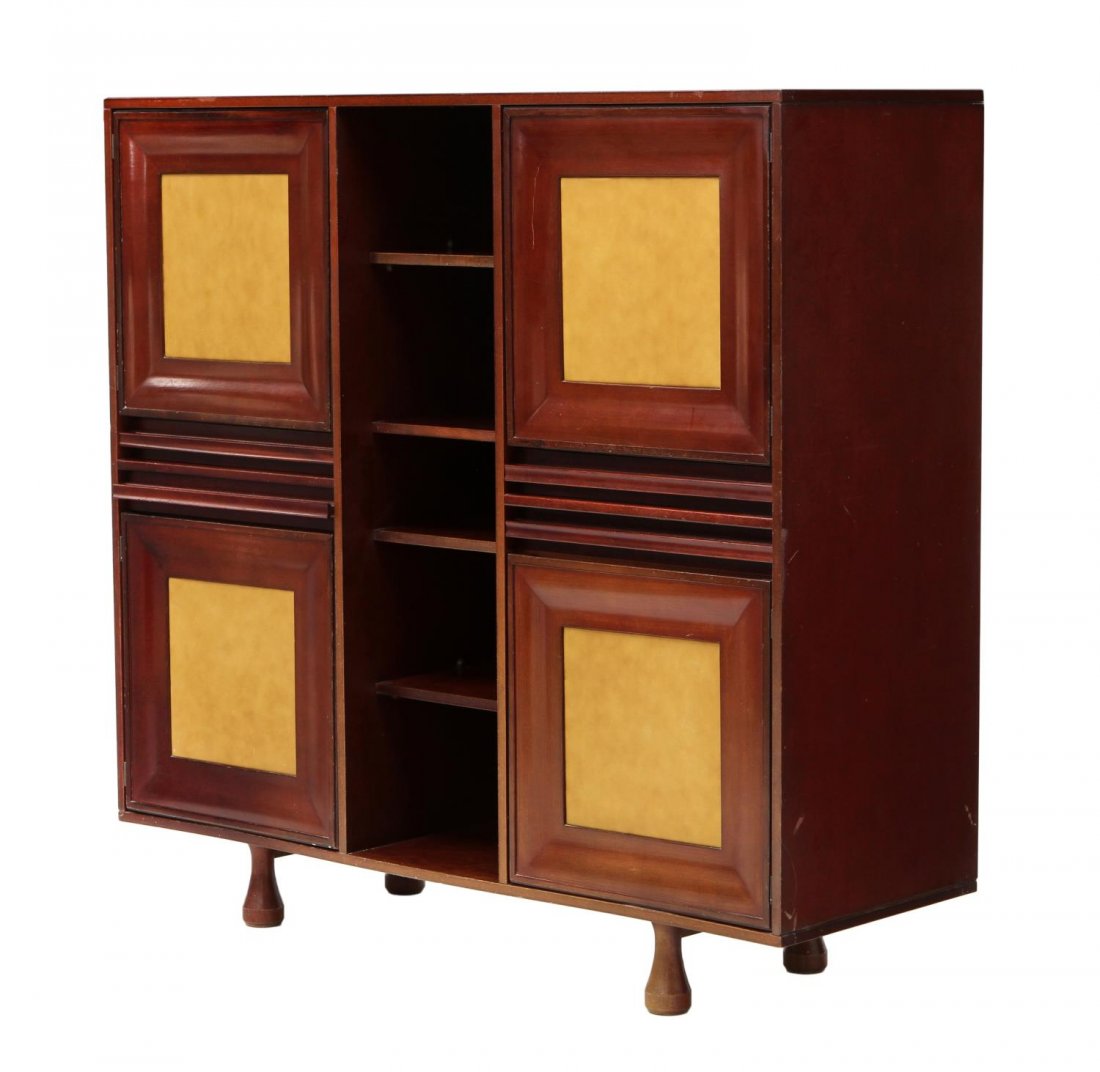 ITALIAN STILDOMUS LEATHER INSET MAHOGANY CABINET: Italian mid-century modern mahogany cabinet, c. 1960, design by Stildomus, leather inset cabinet doors on four corners center thin pull out drawers, central open shelving, on bulb-type feet, approx 53