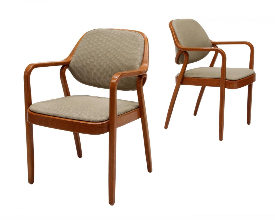 (2) MODERN PETITT ARM CHAIRS FOR KNOLL FURNITURE: (lot of 2) Bentwood arm chairs, the c. 1964 design by Don Petitt (American, 1925-2003), for Knoll Furniture Company, one with fabric pick, Knoll tag at underside, 32.5"h, 22.5"w, 21.5"d Start Price: $