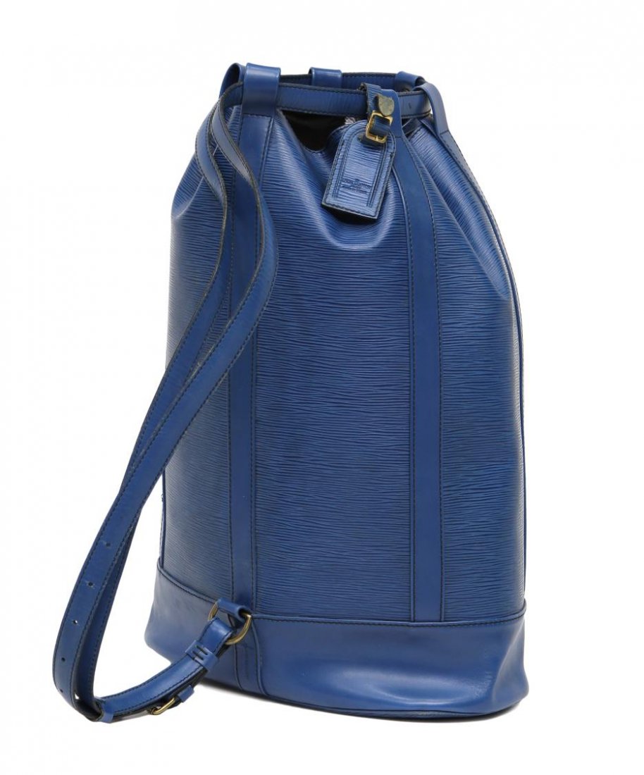 LOUIS VUITTON RANDONNEE BLUE EPI BACKPACK BAG: Louis Vuitton "Randonnee GM" blue Epi leather shoulder bag single shoulder backpack, looped drawstring top retaining luggage tag, black lined interior with single zip pocket, , bag: approx 18"l, 16"w,