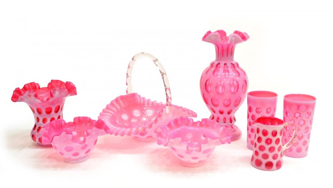 (8)VINTAGE CRANBERRY OPALESCENT COIN DOT ART GLASS: (lot of 8) Vintage cranberry opalescent coin dot art glass cabinet items, possibly Fenton, including: (1) large handled basket with applied colorless handle, (2) flared bowls, (1) large baluster vase,