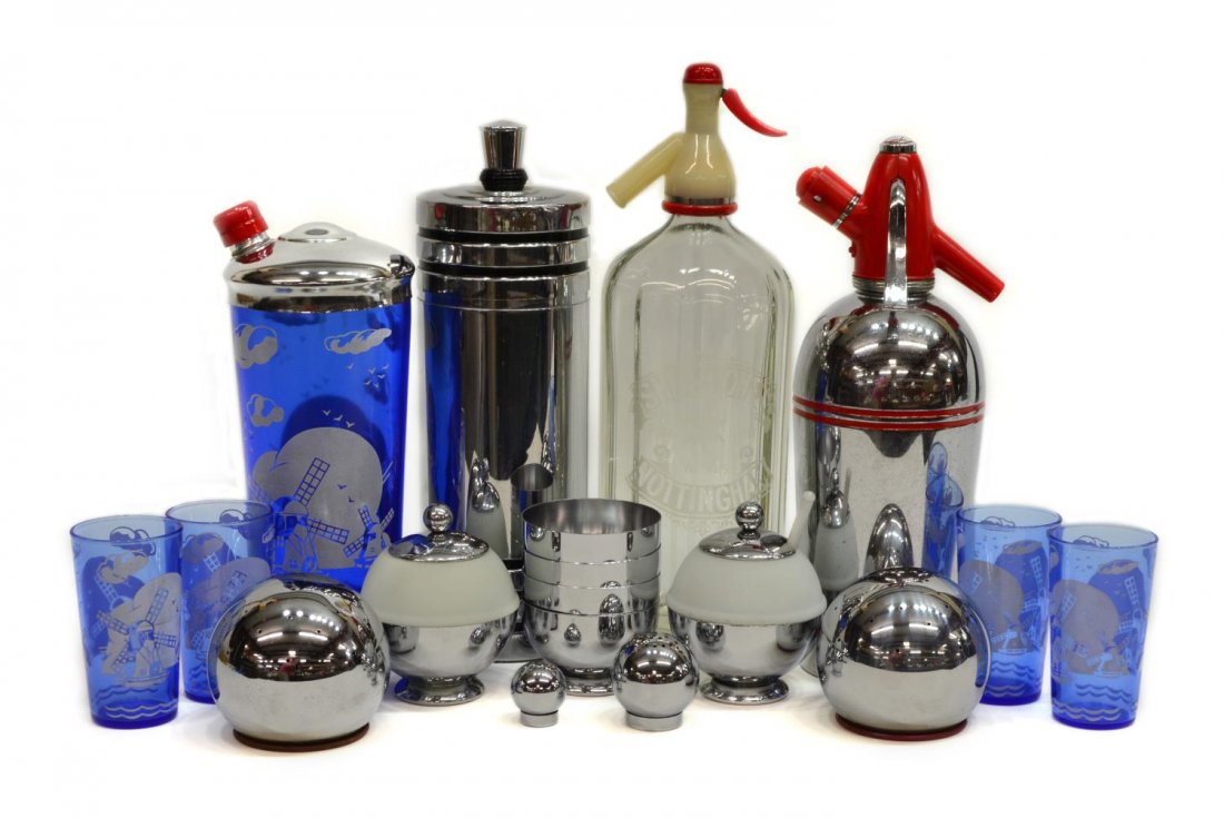 (18) ART DECO COCKTAIL AND TABLE ARTICLES: (lot of 18) Art deco cocktail and table ware, comprising: (5) Hazel Atlas cobalt blue windmill glass drink set, (one) shaker, approx 10"h, (four) tumblers, approx 4"h; (7) Chase barware, (one) Gaiety