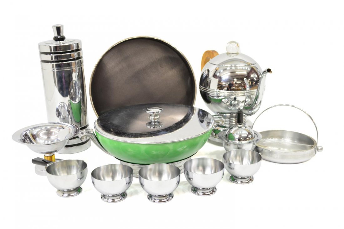 (12) ART DECO CHROME & OTHER DRINK & BARWARE: (lot of 12) Art Deco chrome cocktail and table accessories, including: (5) Chase Gaiety cocktail shaker with four cups, (2) Chase creamer & sugar with lid, (1) Chase duplex jelly dish with glass inser