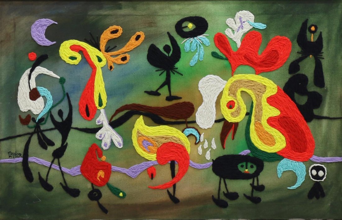 HAROLD A. LAYNOR, "BARNYARD DANCE", MIXED MEDIA: Framed mixed media, "Barnyard Dance", stitched and painted on canvas, signed mid/lower left Laynor, (Harold A. Laynor, New York, 1922 - 1991), titled on label verso, sight: 22"h, 34"w, overall: 23"h, 